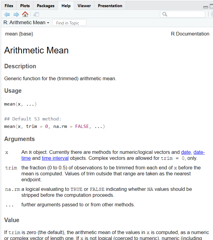 Manual page. Type ?mean into the console.